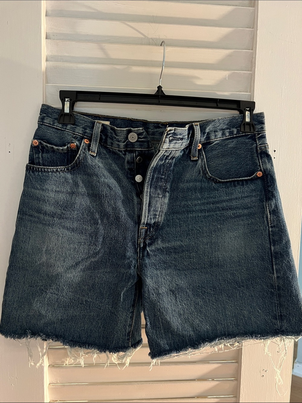 Dark Wash Denim Jean Shorts - Casual Frayed Hem